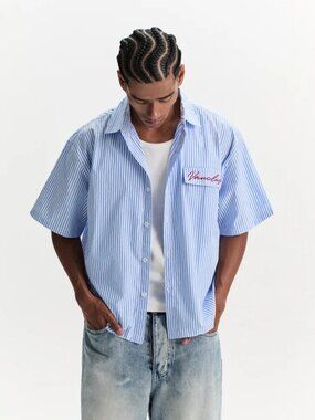 VAUCLUSE Striped Signature Short Sleeve Shirt - White/Blue